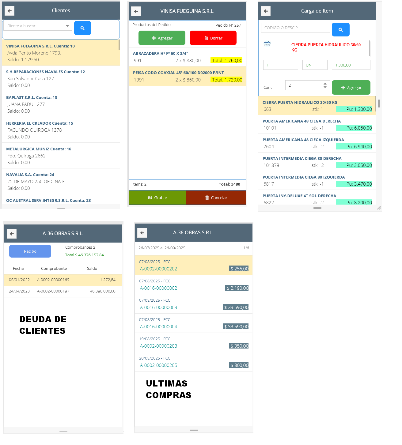 Pantallas de clientes, pedidos, deuda y ultimas compras